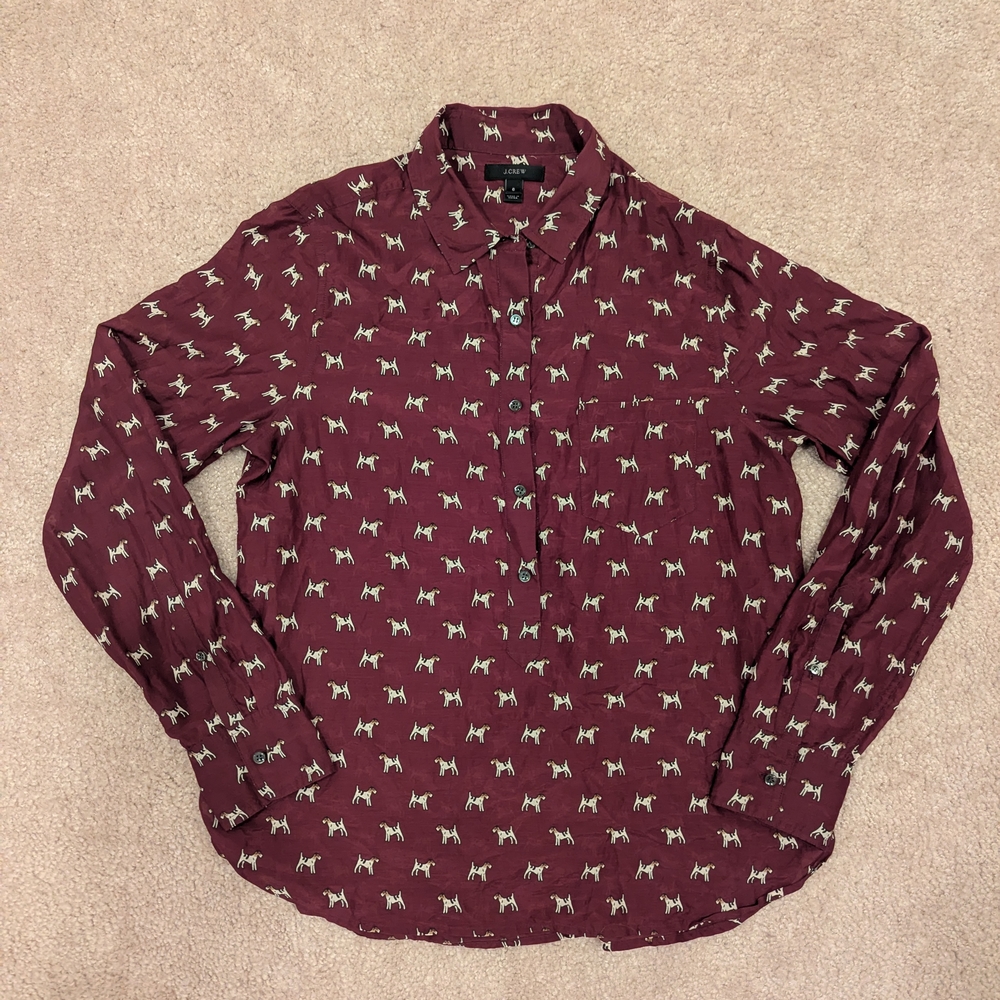J. Crew Women's Burgundy Terrier Print Popover Shirt - Picture 2 of 5